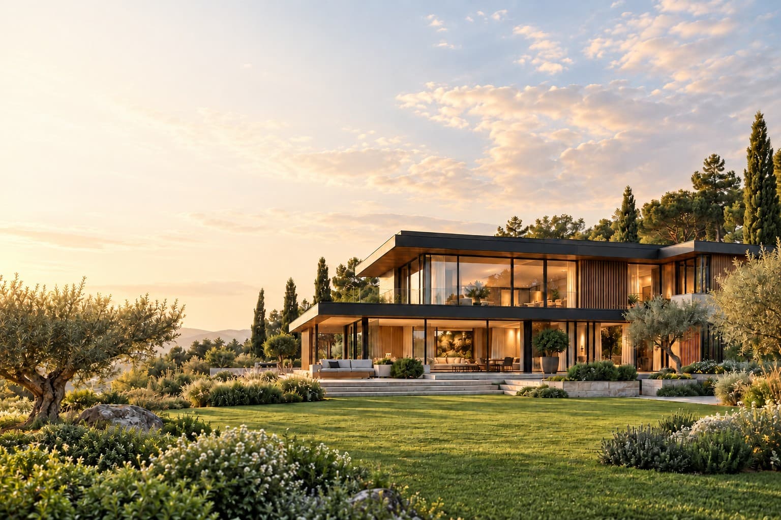 A modern country house with a terrace at sunset